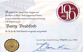 congressional award given to Barry Bradford by Congressman Kirk