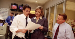 President Bartlet, C. J., and Sam in The West Wing